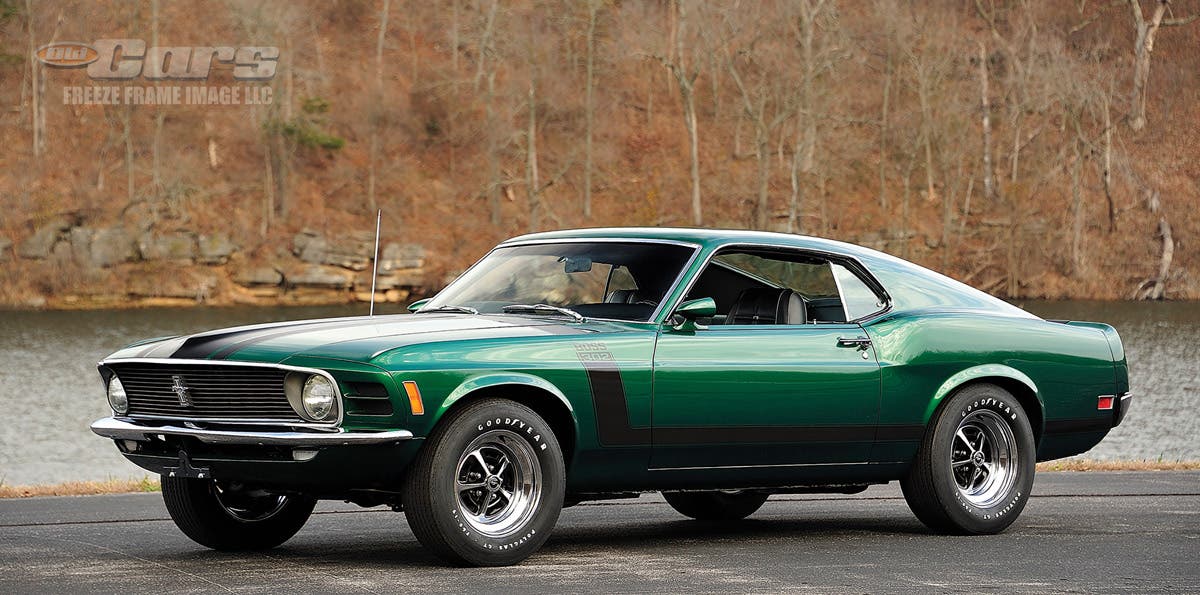 For years, the unique, original color of this 1970 Boss 302 was masked by Calypso Coral paint. Traces of its original green color were found during its comprehensive restoration. It’s shown here fresh from the restoration shop with its black chin spoiler not yet installed.